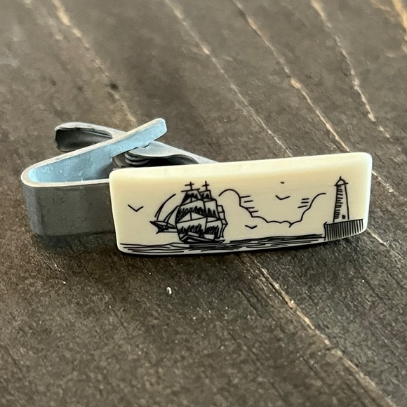 Ship & Lighthouse Scrimshaw Tie Bar or Clip - Picture 2 of 4